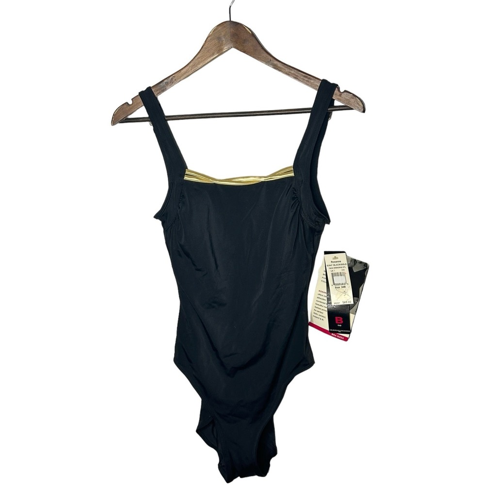 VTG New perfection fit Roxanne one piece bra size swimsuit black gold 10 34B